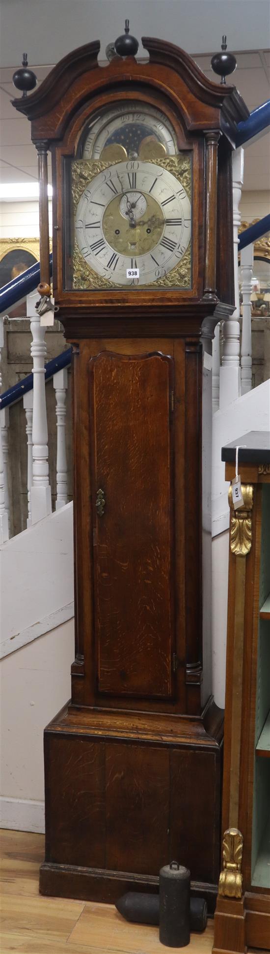 An 18th century oak 8 day longcase clock, with moonphase dial by John Smith, Chester H.approx. 225cm